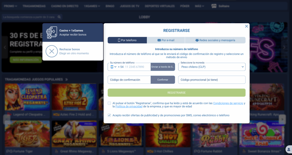 Formulario de registro en 1xCasino Argentina con bono para nuevos jugadores