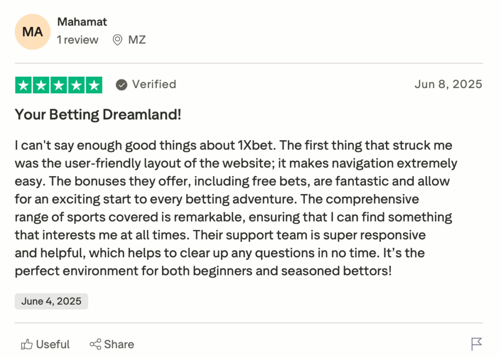 Opinión verificada destacando el soporte, bonos y apuestas deportivas en 1xCasino